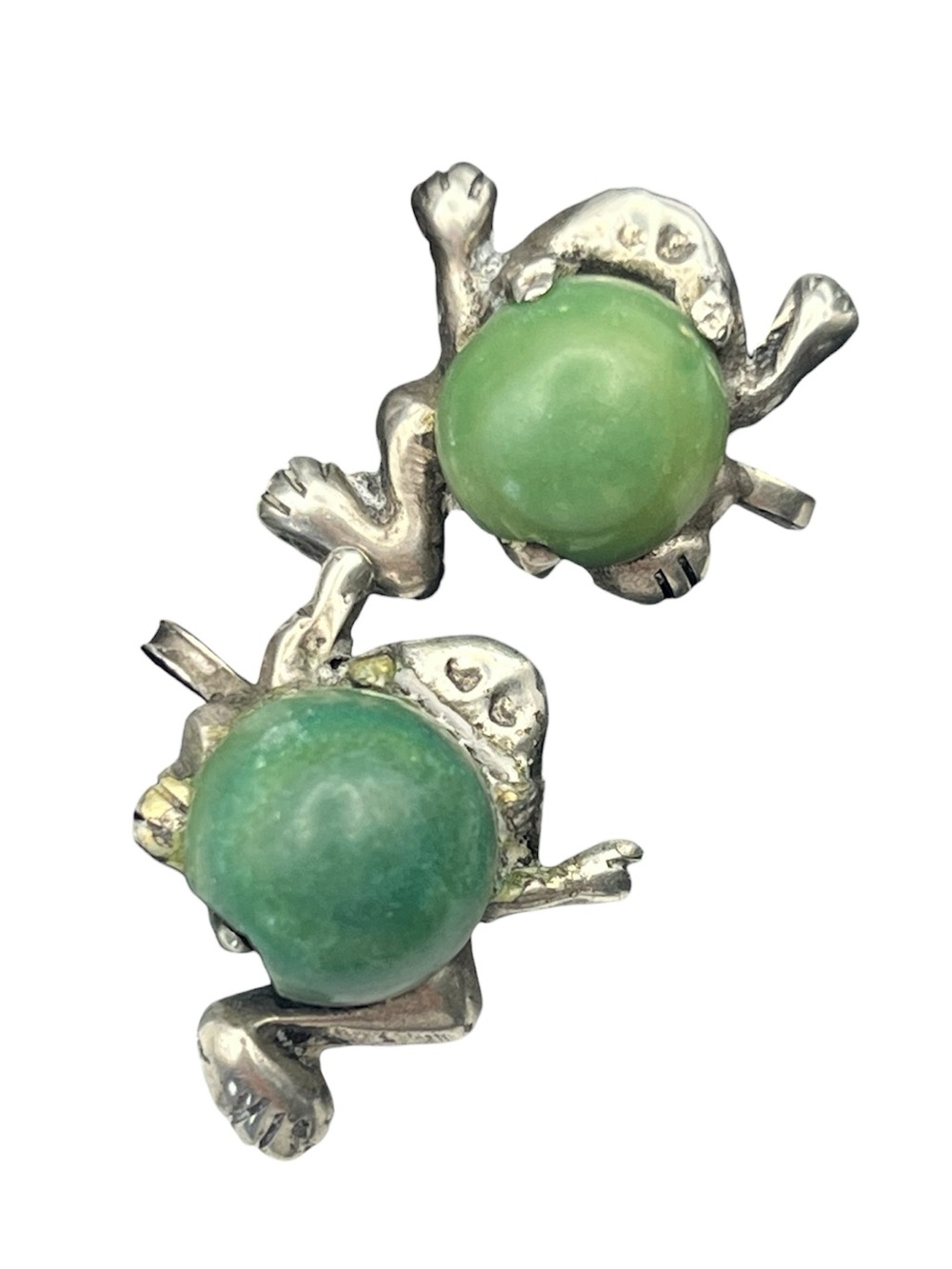 Green cabochon jelly belly frog reptile silver tone screw back earrings vintage